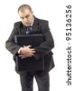 Selfish business man not giving information to others.Mad expression on his face.White background. - stock photo